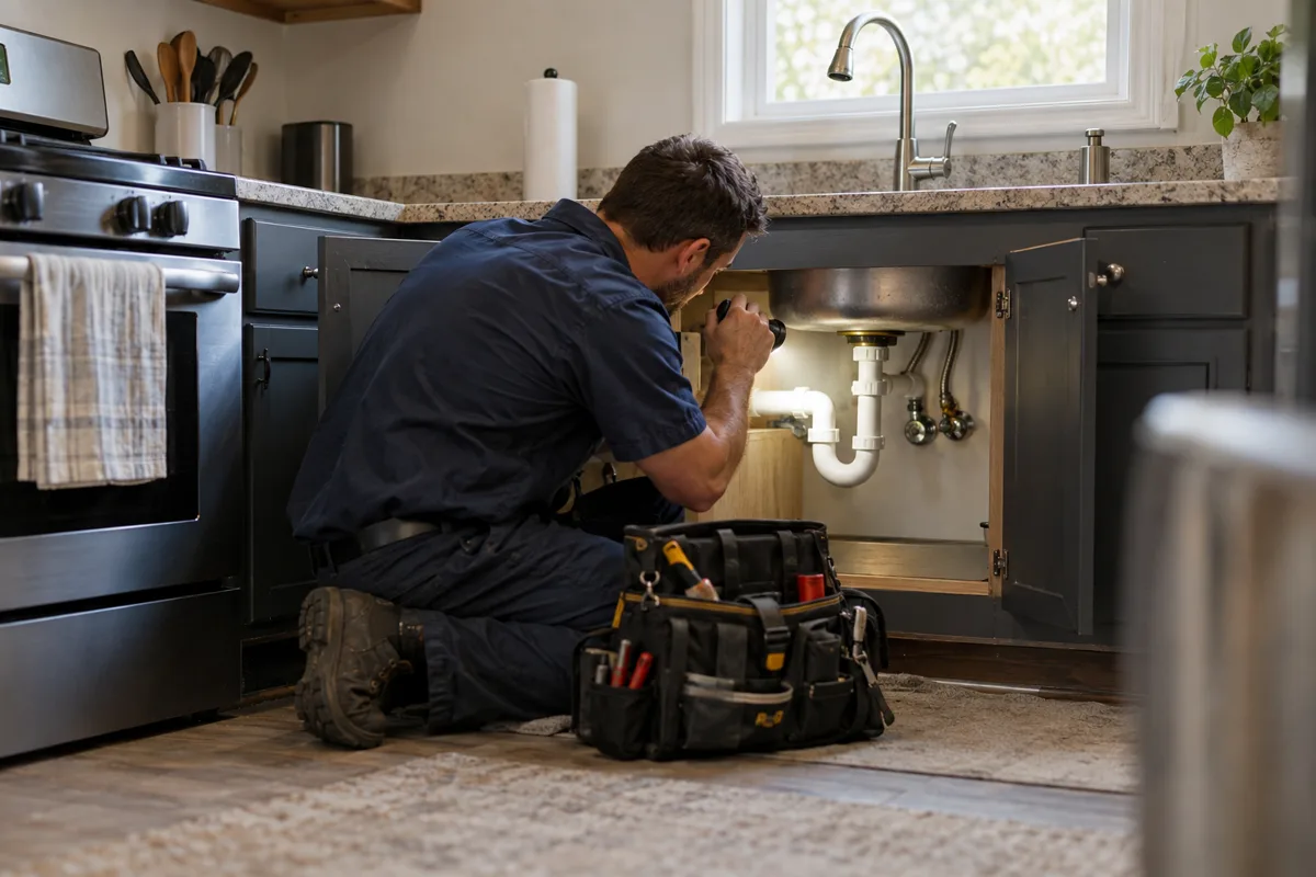Illustration of a technician inspecting a kitchen sink drain